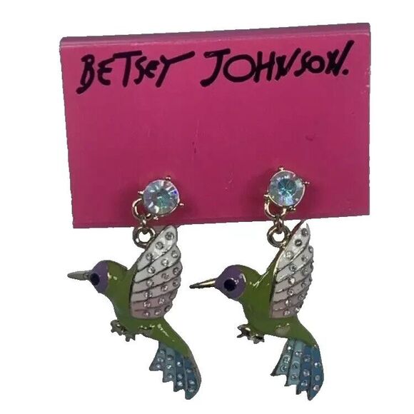 Betsey Johnson Hummingbird Dangle Earrings 2" Crystal Green Spring Ahead - Picture 11 of 11